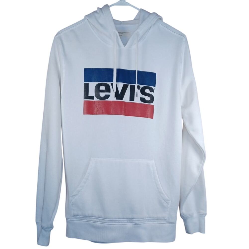 Levi's Graphic Standard Hoodie White Women's Medium Blue & Red Sportswear Logo
